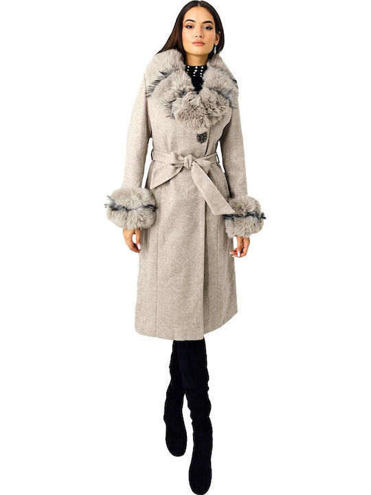 Wool Women's Cream Coat with Fur Details