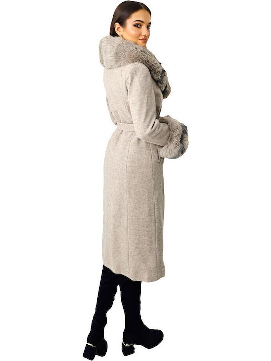 Wool Women's Cream Coat with Fur Details