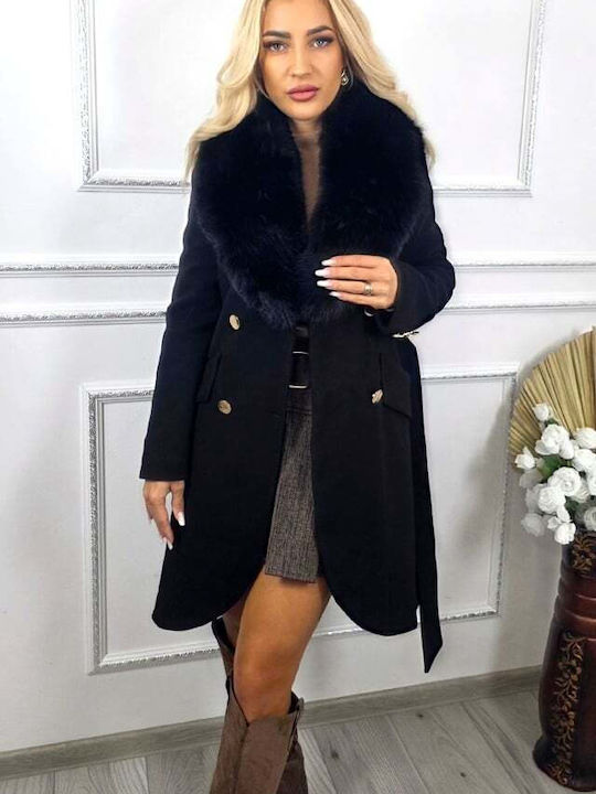 Wolle Damen Black Mantel mit Fellbesatz
