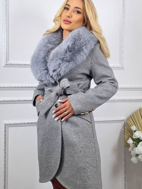 Wolle Damen Gray Mantel mit Fellbesatz