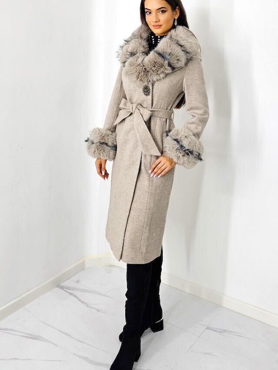 Wool Women's Cream Coat with Fur Details
