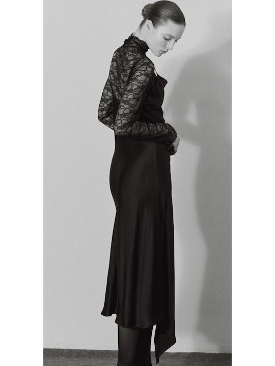 Maxi Evening Satin Dress with Lace and Tearing Black