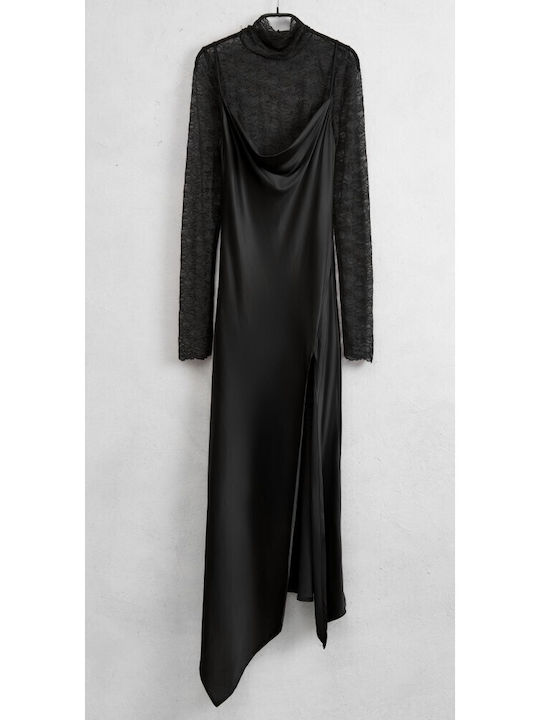 Maxi Evening Satin Dress with Lace and Tearing Black