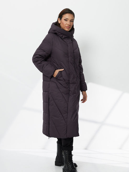 Women's Long Puffer Jacket for Winter with Hood Purple