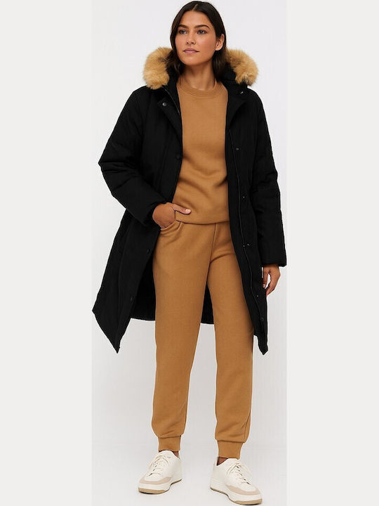 Women's Long Parka Jacket for Winter with Hood Black