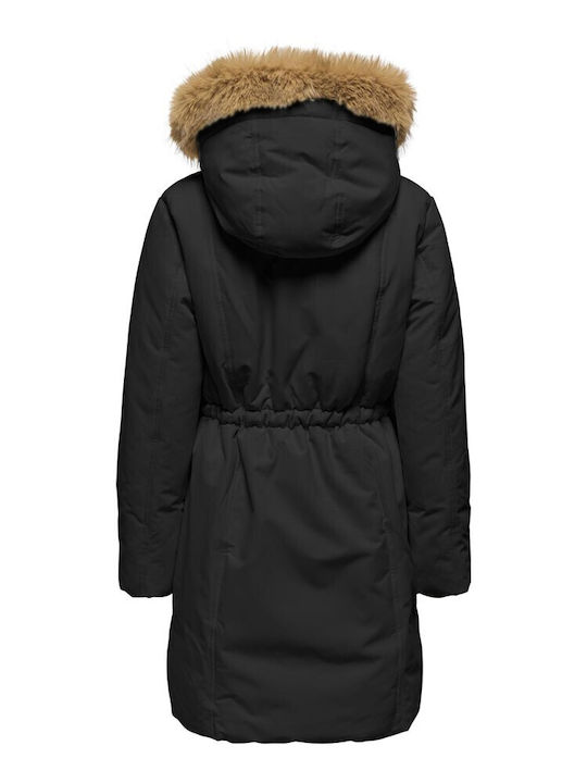 Women's Long Parka Jacket for Winter with Hood Black