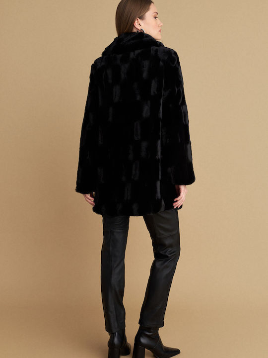 Women's Black Coat with Fur Details