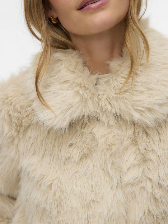 Women's Beige Coat with Fur Details