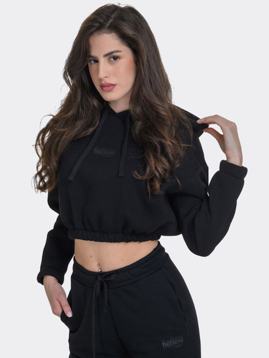 Cropped Γυναικείο Φούτερ με Κουκούλα Μαύρο