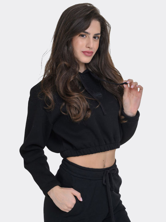 Cropped Γυναικείο Φούτερ με Κουκούλα Μαύρο