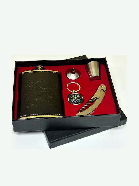 Vlv Men's Gift Set 5 Pieces Flask Compass Keychain Glass Funnel Corkscrew Black