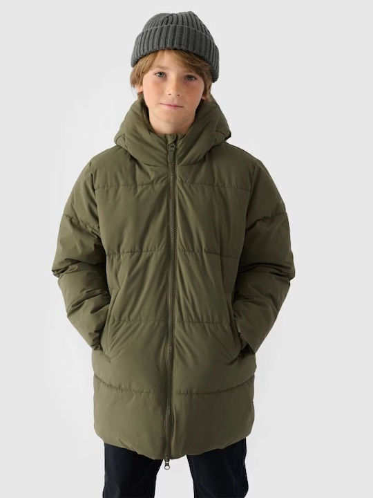 Waterproof Kids' Quilted Jacket with Lining & Hood Khaki