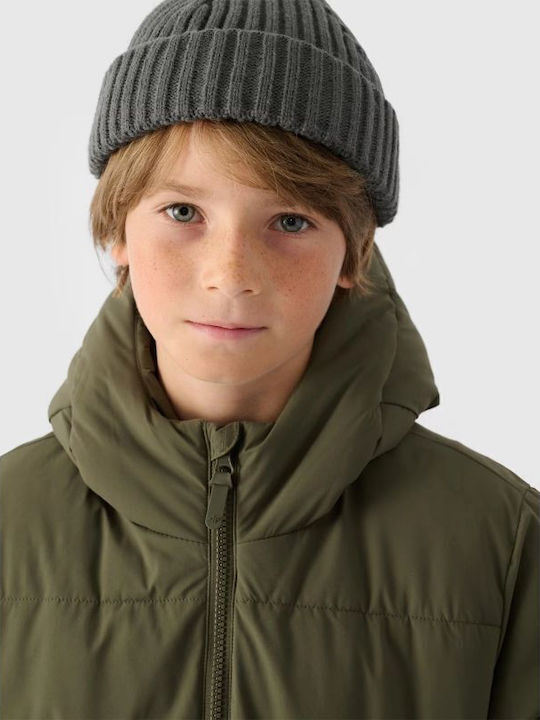Waterproof Kids' Quilted Jacket with Lining & Hood Khaki