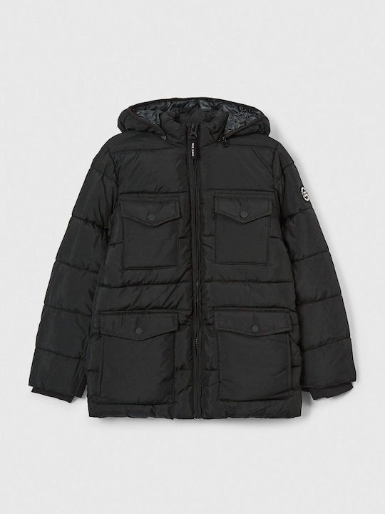 Kinder Steppjacke Lang mit Kapuze Schwarz