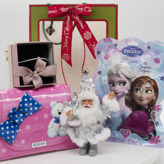 Pachet Cadou De Crăciun Geantă Cutie Dulciuri Roshen Disney Frozen Edt 9.5 Ml Set Figurină Decorativă Moș Crăciun Brățară Zirconiu În Cutie Cadou