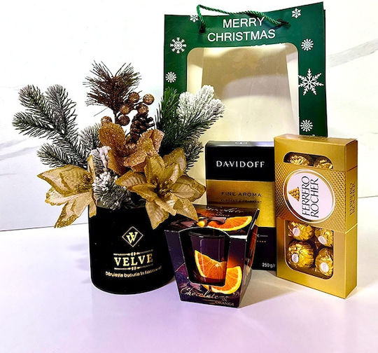 Pachet De Crăciun Aranjament Floral De Crăciun Praline Ferrero Rocher Lumânare Parfumată Cu Cafea Davidoff Ambalat În Pungă Cadou Negru-Auriu