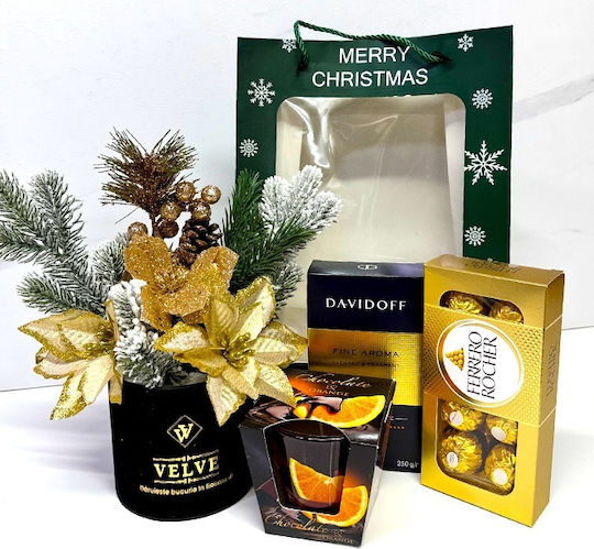 Pachet De Crăciun Aranjament Floral De Crăciun Praline Ferrero Rocher Lumânare Parfumată Cu Cafea Davidoff Ambalat În Pungă Cadou Negru-Auriu