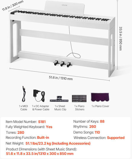Vevor Electric Stage Piano QPZBZSZCGQ880XRFQ001V2 with 88 Weighted Keys White