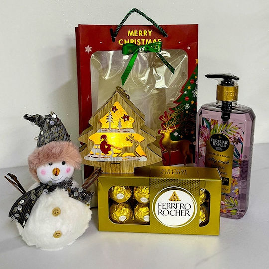 Pachet De Crăciun Praline Ferrero Rocher 100g Gel De Duș Eyup 750ml Decorațiuni De Crăciun Ambalate În O Geantă Cu Imprimeu De Sărbători