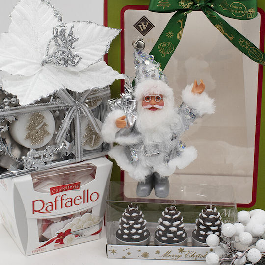 Set Cadou De Crăciun Merry Christmas Figurină Moș Crăciun Lumânare Decorativă Cutie Praline Raffaello 150g Ramură De Brad Clopoțel De Crăciun