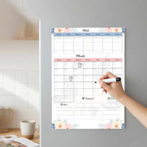 Planificator Magnetic Lunar Săptămânal Frigider Zola Listă de Cumpărături Listă de Sarcini Spațiu pentru Notițe 60 X 45 Cm Design Flori Pastelate