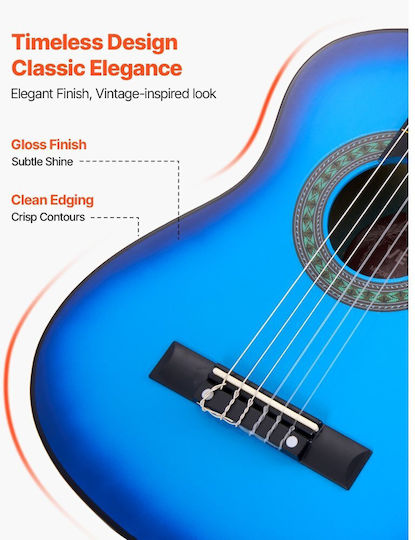 Vevor Classical Guitar 780 Mm Wooden Classical Guitar Starter Set Beginners Nylon Strings Carrying Case Strap Tuner Extra Strings Picks Capo Linden Wood Children Girls Boys Students Blue