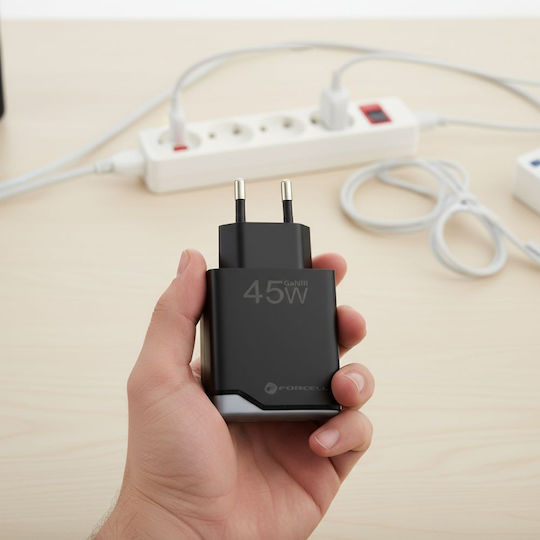 Forcell Φορτιστής Χωρίς Καλώδιο GaN με Θύρα USB-A και Θύρα USB-C 45W Power Delivery / Quick Charge 4.0 Μαύρος (F-Energy Ultra Slim)