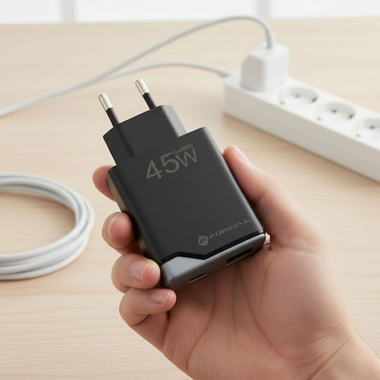 Forcell Φορτιστής Χωρίς Καλώδιο GaN με Θύρα USB-A και Θύρα USB-C 45W Power Delivery / Quick Charge 4.0 Μαύρος (F-Energy Ultra Slim)