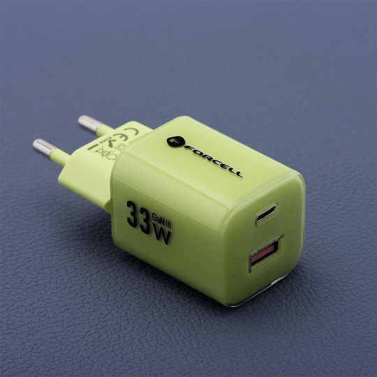 Forcell Charger GaN with USB-A Port and USB-C Port and Cable USB-C - USB-C 33W Power Delivery / Quick Charge 4.0 Greens (F-Energy VT-41)