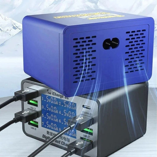 Mechanic Ladestation mit 7 USB-A Anschlüsse und USB-C Anschluss Stromlieferung / Schnellaufladung 3.0 in Schwarz Farbe (MECHANIC iCharge)