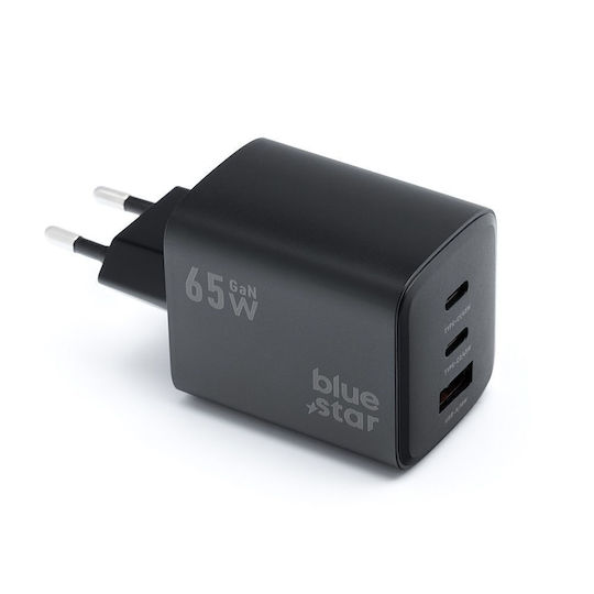 Blue Star Φορτιστής Χωρίς Καλώδιο GaN με Θύρα USB-A και 2 Θύρες USB-C 65W Power Delivery / Quick Charge 4.0 Μαύρος