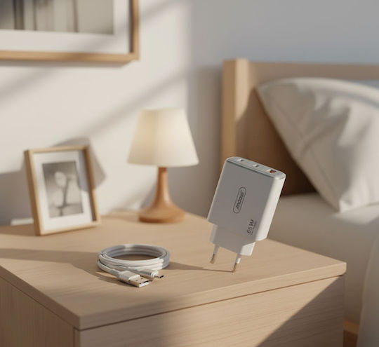 Andowl Φορτιστής με Θύρα USB-A και 2 Θύρες USB-C και Καλώδιο USB-C - USB-C 65W Power Delivery / Quick Charge 3.0 Λευκός (Q-CD50)