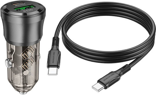 Borofone BZ25 Auto-Ladegerät 38W 3A Schnellladung mit Anschlüssen: 1xUSB 1xType-C mit Kabel Typ-C,TC-TC Schwarz Farbe