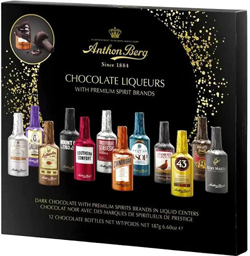 Cadou Bărbați Anthon Berg Praline 187g Cutie Mortar Neagră Selecție Dulciuri Set Mini Băuturi Frunză De Palmier Cu Vâsc