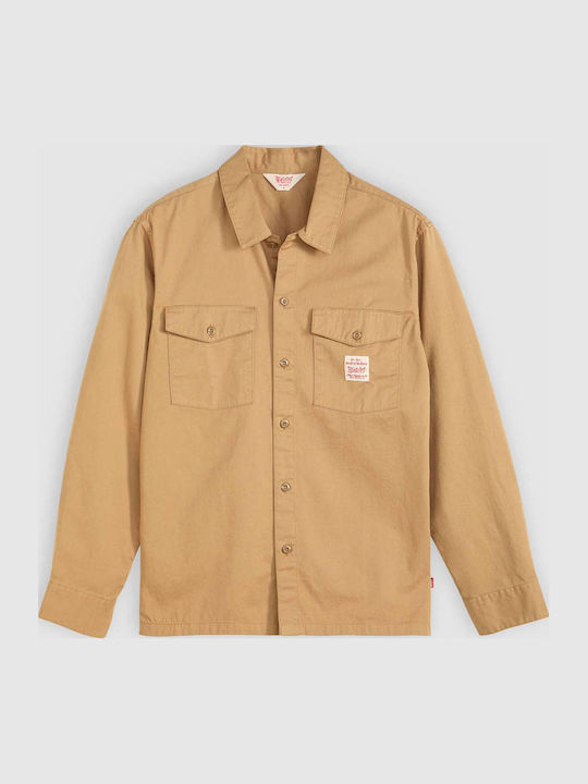 Worker Long Sleeve Cotton Overshirt in Wide Line Brown