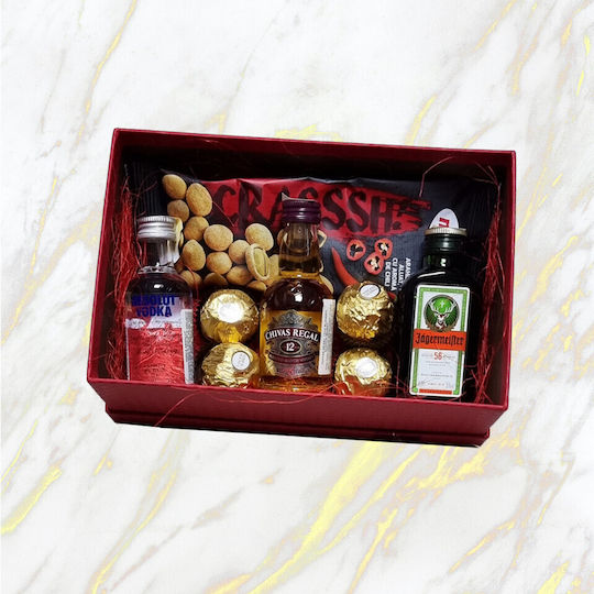 Happy Gift Package Elegant Red Box A Selection Miniature Alcoholic Beverages Pralines Spicy Nuts