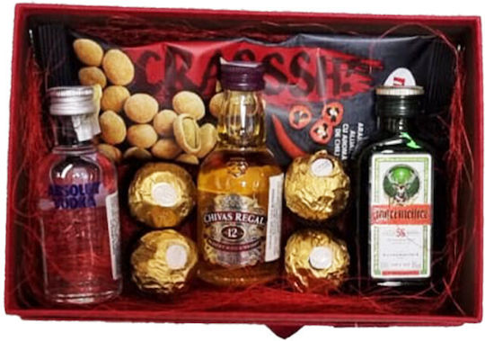 Happy Gift Package Elegant Red Box A Selection Miniature Alcoholic Beverages Pralines Spicy Nuts