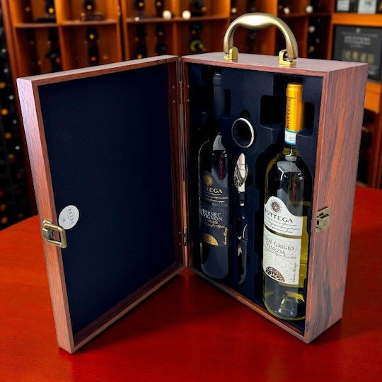 Set Casetă Elegantă din Piele Eco Două Sticle Mâner Set Accesorii Vin 3 Piese Două Sticle Vin Bottega 750 Ml Maro