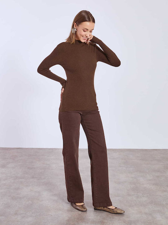 Celestino Γυναικεία Μπλούζα Ριπ Βισκόζη Slim Fit Καφέ