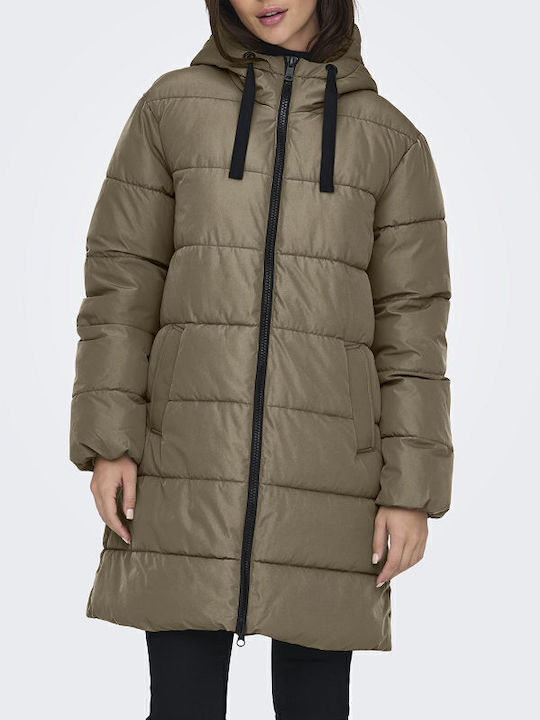 Women's Long Puffer Jacket for Winter with Hood Khaki