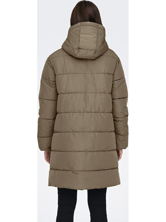 Women's Long Puffer Jacket for Winter with Hood Khaki