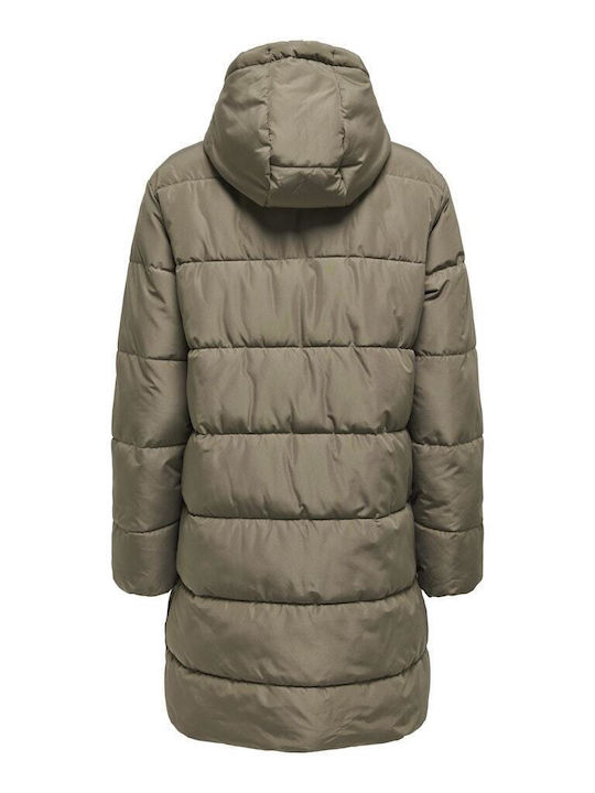 Women's Long Puffer Jacket for Winter with Hood Khaki