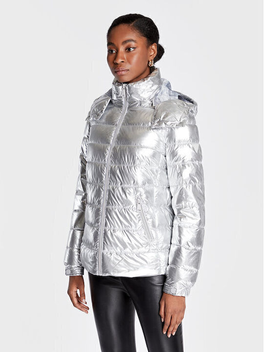 Kurz Damen Puffer Jacke für Winter Silber