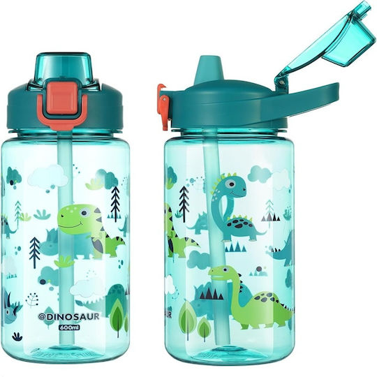 Edman Sticlă Pentru Copii Din Plastic Dinozauri Cu Pai Antivărsare Verde 600ml