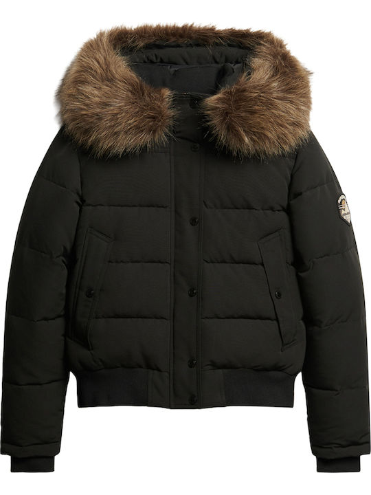 D3 Ovin Everest Women's Short Puffer Jacket for Winter with Hood Black