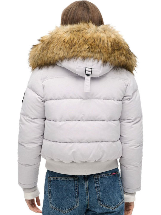D3 Ovin Everest Women's Short Puffer Jacket for Winter with Hood Light Gray