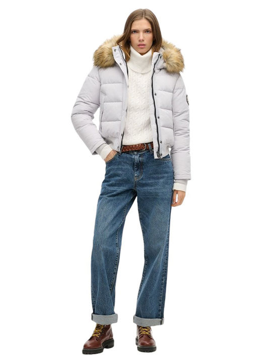 D3 Ovin Everest Women's Short Puffer Jacket for Winter with Hood Light Gray