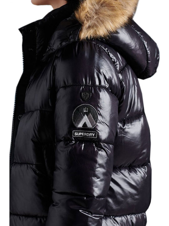 High Shine Toya Κοντό Γυναικείο Puffer Μπουφάν με Γούνινη Κουκούλα για Χειμώνα Μαύρο