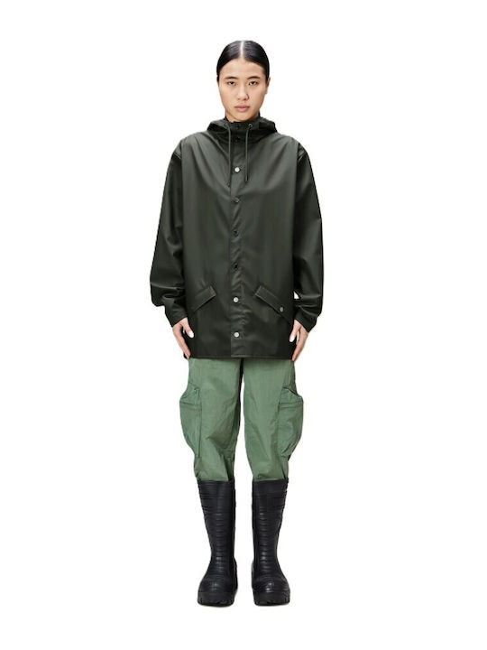 Women's Short Puffer Jacket Waterproof for Winter with Hood Green.