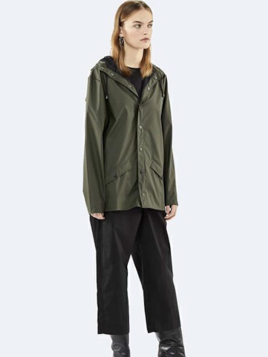 Women's Short Puffer Jacket Waterproof for Winter with Hood Green.